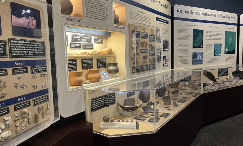 Artifacts on display at the visitor center at Plum Bayou Mounds Archeological State Park. 